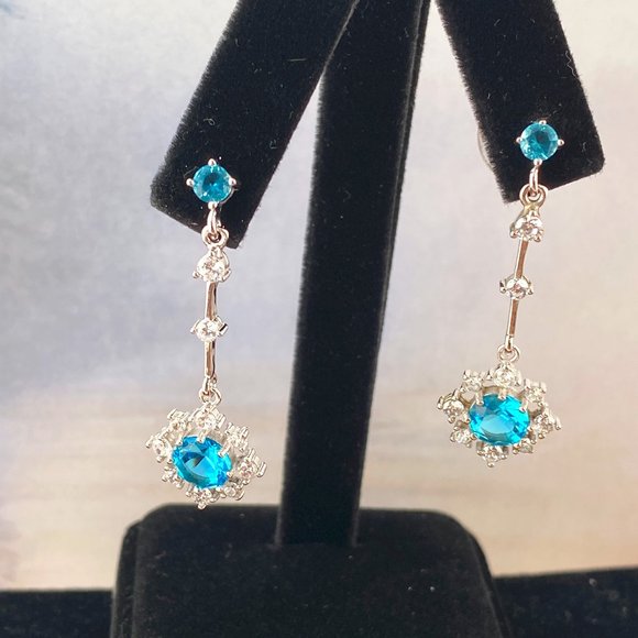 2 Caret Blue Topaz and CZ Drop Earrings - Picture 1 of 6
